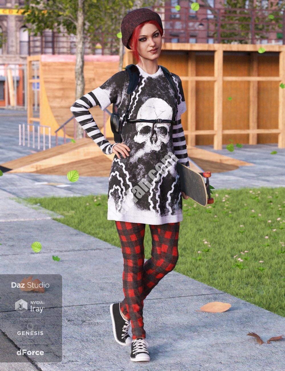 [daz服装] dForce滑板朋克配创世纪8号女子滑板-DAZ爱好者