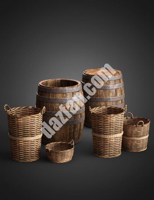 [daz道具] 炼金师工作室道具-桶和篮子-DAZ爱好者