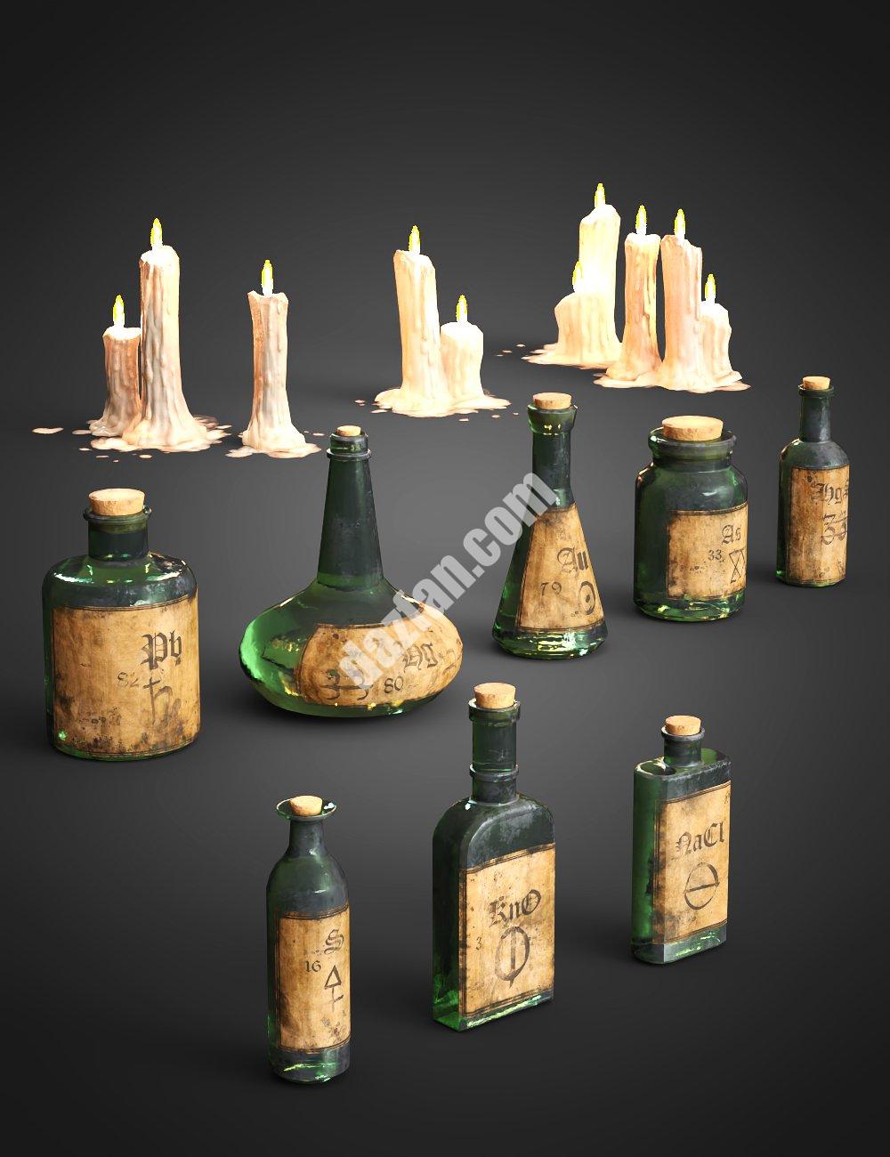 [daz道具] 炼金师工作室道具-蜡烛和小瓶-DAZ爱好者